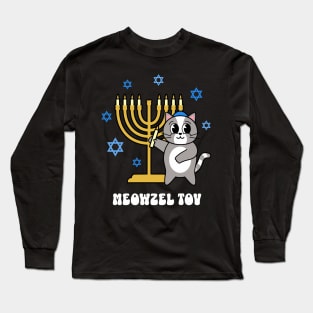 Meowzel Tov Funny Hanukkah Cat with Menorah Long Sleeve T-Shirt